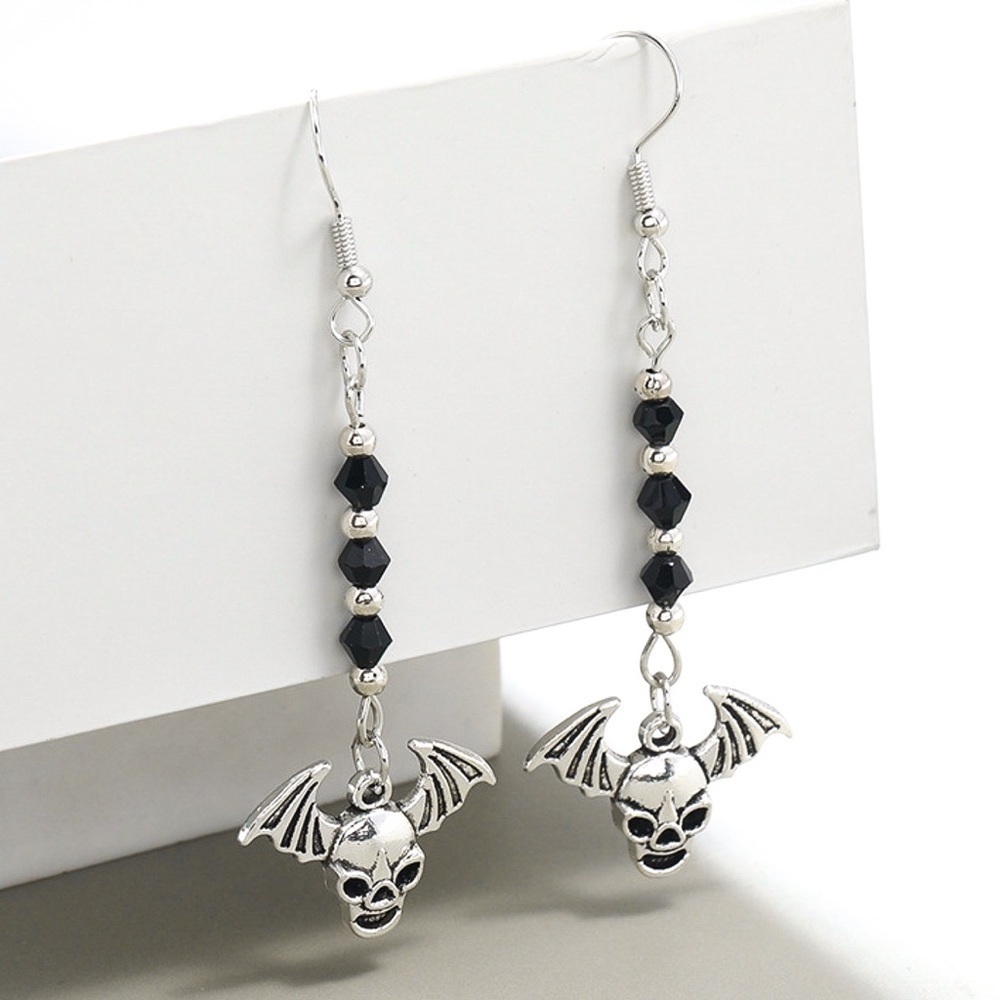 Silver/Black Winged Skull Drop Earrings